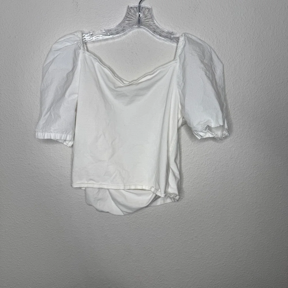 by Anthropologie White Puff Sleeve Surplice Wrap Top Square Neck L Boho Milkmaid